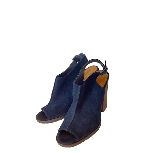 Lord & Taylor 424 Fifth Leather Deanna Navy Slingback Heels Mules Size 8 - Picture 2 of 13